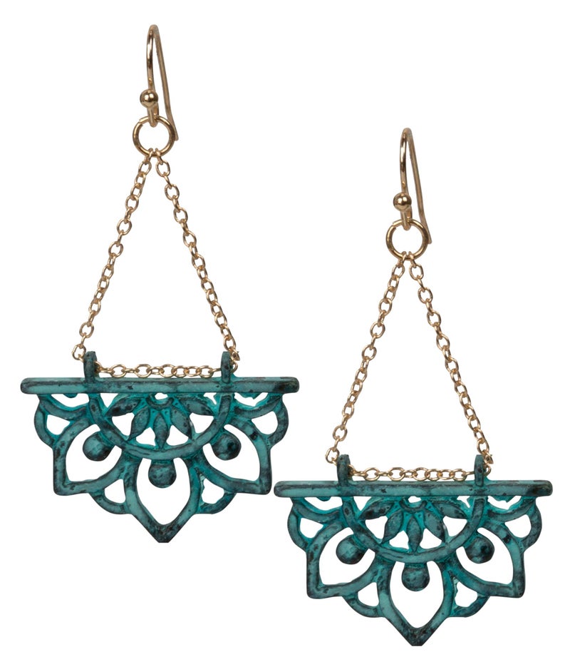 SPUNKYsoul New Beginnings Lotus Flower Boho Chic Tribal Ethnic Fishhook Dangle Earrings for Women Gift (Gold Patina) - Image 1